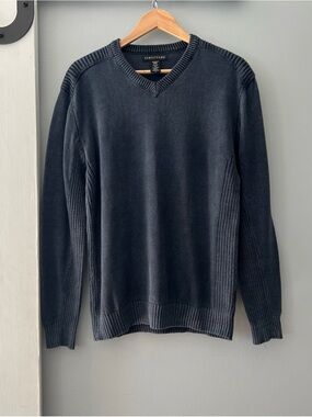 Structure Ribbed Knit Trim V-Neck Sweater Ramie Cotton Charcoal Blue/ Faded Navy